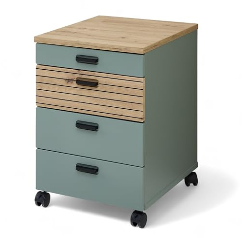 Glenn Rollcontainer Schreibtisch Schilfgrün Artisan Eiche Optik | 45 x 66 x 55 cm (B/H/T), 4 Schubladen, Lamellenoptik, 4 Rollen, 2 Rollen mit Bremse, abnehmbarer Sockel