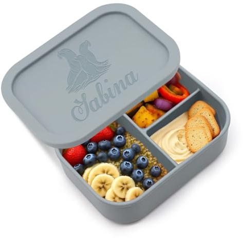 TAISGONGBY Lonchera de silicona personalizable, se puede grabar con patrones, nombres o texto, lonchera de tres compartimentos, adecuada para viajes de trabajo, microondas, refrigerador, lavavajillas