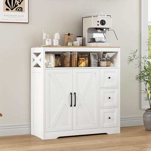 QSFCUB Sideboard Weiß, 100 cm Breit Küchenschrank mit Schubladen und Offenem Regal, Türen, Sideboard Küche mit Arbeitsplatte, Küchenbuffet Für Wohnzimmer, Küche, Flur (A02, 100x40x105 cm)