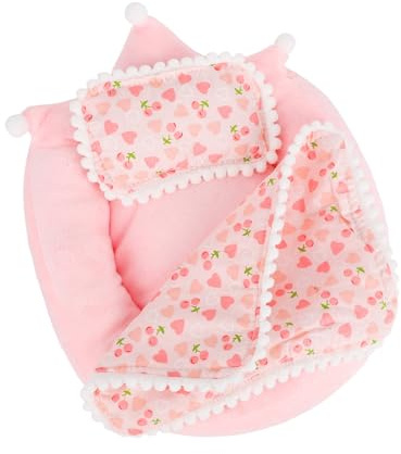 Fukaisu Puppen Miniatur Bettsofa, Süße Puppenbettdecke und Kissen Passend für 17 cm Große Sammler Plüschtiere DIY Dekorationsdisplay (Rosa Kirsche)