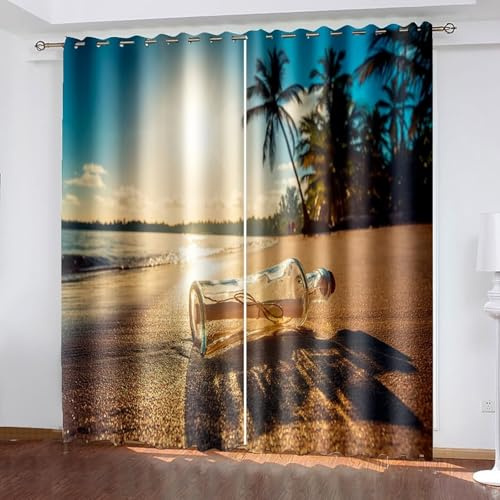 Wycian Gardine mit Kräuselband Modern Gardine Grün Braun 2 Er Polyester Sunshine Beach Drift Flasche H115 X B86Cm für Schlafzimmer