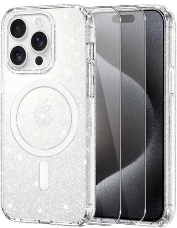 Knrlqim Cover per iPhone 15 Pro Compatibile con MagSafe, Brillantini | Custodia Magnetica Trasparente TPU, con 2x Vetro Temperato, Antiurto Antigraffio, Glitzer Case per iPhone 15 Pro, Anti-Giallo