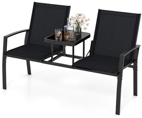 COSTWAY 2 Seater Garden Loveseat, Outdoor Bench Companion Seat with Built-in Table, Metal Frame Twin Chairs Love Seat Patio Conversation Furniture Set for Terrace Balcony