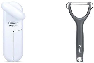 Culinare MagiCan Tin Opener and Safety Peeler Set, White Manual Can Opener with Comfortable Handle and Hard Waring Stainess Steel Wheel, Grey Fruit/Vegetable Peeler With Sharp Blade for Smooth Peeling