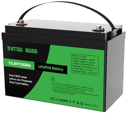 DATOUBOSS Batterie Lithium 12V 100Ah LiFePO4 avec Cellules de Grade A, BMS 100A Intégré, 8000+ Cycles Profonds, 1280Wh Énergie, Connexion Série/Parallèle, pour Camping-Car, Système Solaire