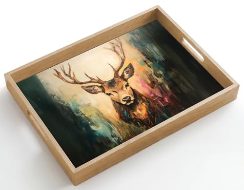 OnlyWow© Tablett Serviertablett rutschfest Griff Küchentablett | 50x35 cm - Rechteckig - Servierplatte Eiche Holztablett Henkel Hitzebeständig Hirsch - Gemalt - Geweih - Braun