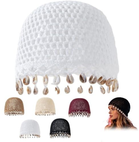 HESYSUAN Damen Bohemian Häkelmütze mit Muschel Sommer Aushöhlen Handgemachte Muschelbesatz Beanie Cap Faltbare Häkelmütze für Strand Reisen Urlaub Festival