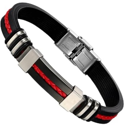 Flongo Edelstahl Gummi Kautschuk Leder Armband Armreif Lederarmband Manschette Geflochten Schwarz Gold Silber Rot Motorradfahrer Biker Punk Rock Herren