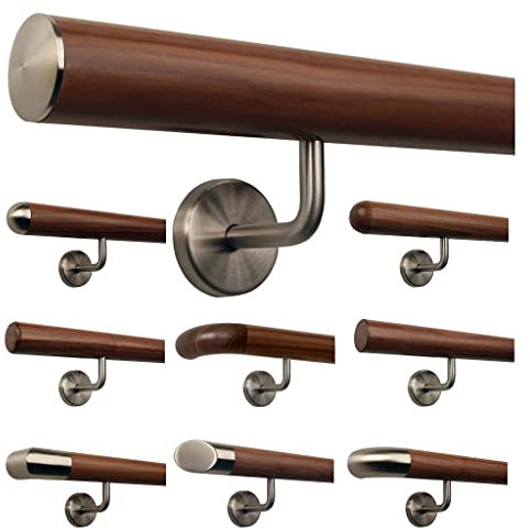 TIBU Ami Nussbaum Geländer Handlauf Treppe Holz Griff gewinkelt Edelstahlhalter, Länge 30-500 cm - Variante: 100 cm mit 2 Halter und Ende leicht gewölbte Edelstahlkappe