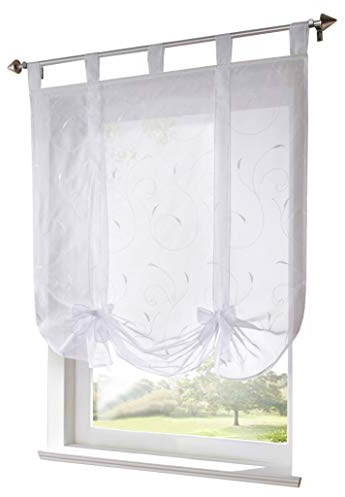 Raffrollo mit Stickerei Band Raffgardinen Voile Transparent Schlaufen Vorhang (BxH 80x140cm, Weiß)