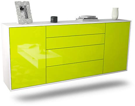 Dekati Sideboard Bridgeport hängend (180x77x35cm) Korpus Weiss matt - Front Hochglanz Grün - Push to Open - Leichtlaufschienen