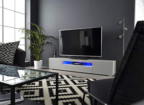 MMT Furniture Designs Ltd Modern Tv Stand Cabinet Grey/White 200cm Matt Gloss TV Cabinet with LED lights for 55 65 75 80 inch TV's