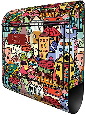 banjado® Design Briefkasten personalisiert Funky Town 38,5x46,5x13cm & 2 Schlüssel - Briefkasten Stahl schwarz Zeitungsfach pulverbeschichtet - Postkasten A4 Einwurf inkl. Montagematerial