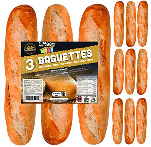 12 x Baguettes de Pan SiempreTierno 110 grs (1320 grs total) · Dura hasta 88 días sin necesitad de frio ni congelación · Ideal para cualquier momento · Embolsadas en Atmosfera Protectora.
