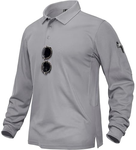 TACVASEN Funktions Poloshirt Herren Polyester Golf Basic Shirt Atmungsaktiv Langarmshirts Tactical Polo Langarm Leichte Sommer (XL, Hellgrau)