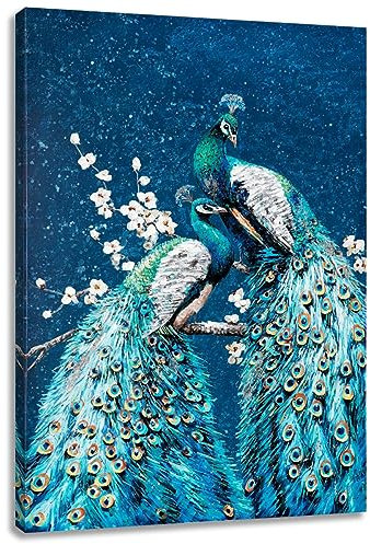 Yelash Leinwandbild, Motiv: Pfau, Phoenix mit vertikalen bunten Federn auf weißem Blumenzweig in blaugrünem Hintergrund, Ölgemälde, Dekor für Wohnzimmer, 61 x 91,4 cm