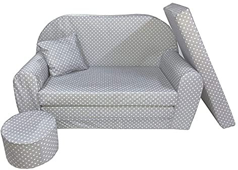 FORTISLINE - Kindersofa ausklappbar 100x60x50 cm - Kindersofa für Kinder 2in1 - Kindercouch ausklappbar - 2-Sitzer - Schlafcouch aus Schaumstoff + Hocker + Kissen - Viele Motive