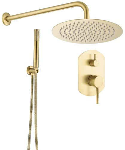 VALAZ Unterputz Duscharmatur Gold Gebürstetes PVD-Schutz | Duschsystem mit Regendusche Regeneffekt | 2-Wege-Einhebeldusche, Edelstahl, Kopfbrause 20 cm | Rostfrei, Elegant, Duero-serie
