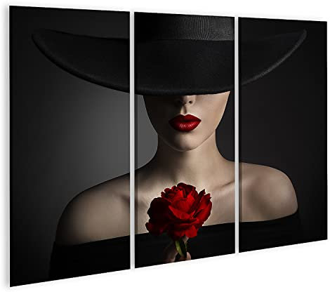 islandburner Quadro su tela Fiore di rosa rossa Donna Labbra Cappello nero Moda Modello Bellezza Quadri Stampe Immagini Murale Decorazione da parete