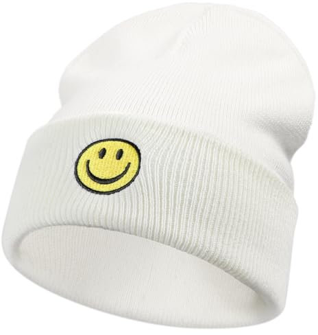 SONMONY Smiley Face Beanie Mützen für Damen Herren Winter Strickmützen Weich Bündchen Warm Smiley Stretchy Beanies Mütze, Weiss/opulenter Garten, Einheitsgröße