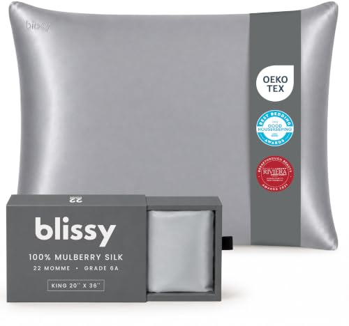 Blissy Seidenkissenbezug – 100% Reine Maulbeerseide – 22 Momme 6A hochwertige Fasern – SatinKissenbezug für Haar und Haut – regulär, Queen und KingSizeSeidenKissenbezug mit verstecktem