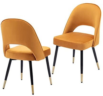 chairus 2er Set Esszimmerstühlen aus Samt für Küche Wohnzimmer Modern Armloser Bürostuhl Polsterstuhl Seitenstühle Hohler Rückenmit Metallbeinen (Gelb-2)