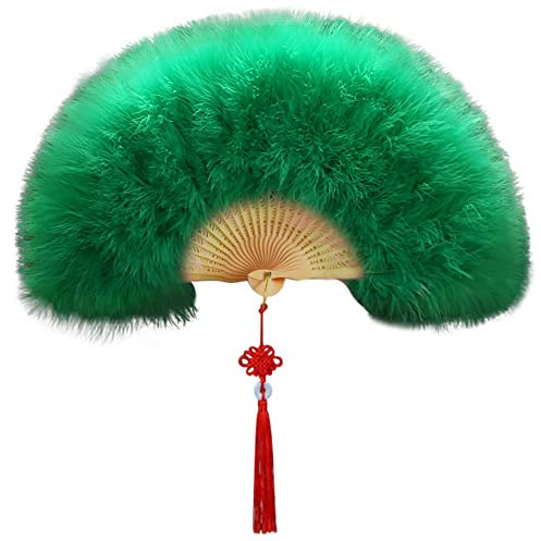 Surakey Marabou Feather Fan 20s Vintage Folding Fan Flapper Hand Fan with Tassels Women Handheld Fan for Costume Dancing Show Tea Party Gifts Wedding Decoration (Green)