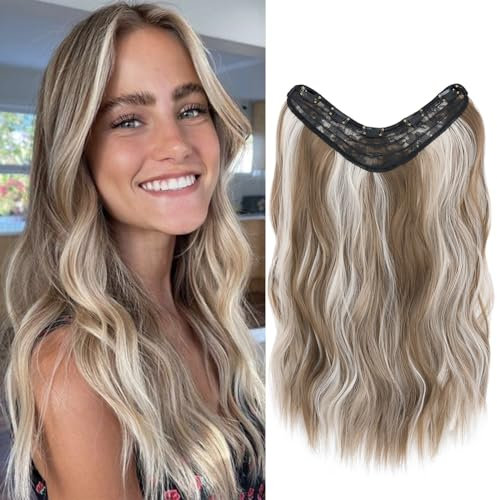 TESS Clip in Extensions Gewellt, 45 cm Haarverlängerung Clip in Hellbraun Mit Weißblond Kunsthaar Einteiler mit 5 Clips Haarteil Extensions U-Form