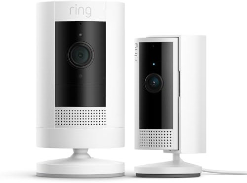 Ring Videocamera esterna a batteria (Stick Up Cam) + Videocamera interna (Indoor Cam 2a gen.) | Telecamera di sicurezza wifi HD, audio bidirezionale | Ring Home: 30 gg. prova gratuita