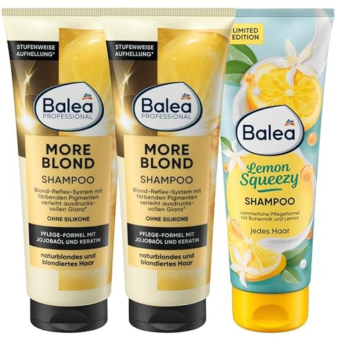 Balea 3er-Set Haarpflege: Professional Shampoo MORE BLOND Pflege & Glanz für naturblondes blondiertes Haar (2 x 250 ml) + Shampoo LEMON SQUEEZY sanfte Reinigung, pflegt seidig-zart (250 ml), 750 ml