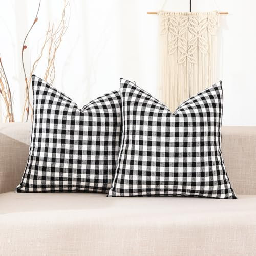 CARRIE HOME Schwarz-weiße Buffalo Plaid Outdoor-Kissenbezüge 50,8 x 50,8 cm, 2 Stück, 50,8 x 50,8 cm, modernes Bauernhaus-Dekor, Couchkissen, schwarz-weiß, Winter-Weihnachten, kariert, Überwurfkissen