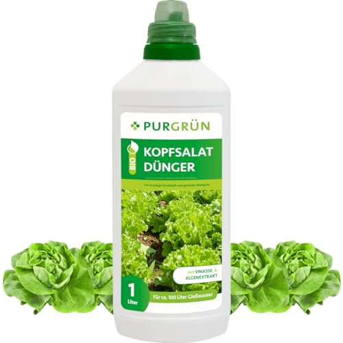 Purgrün® Bio-Kopfsalat-Dünger 1 Liter – Hoher Ertrag dank extra Phosphor – Bio & Vegan – Premium-Flüssigdünger – Ohne tierische Inhaltsstoffe – Ergiebiges Konzentrat für 100 Liter Wasser