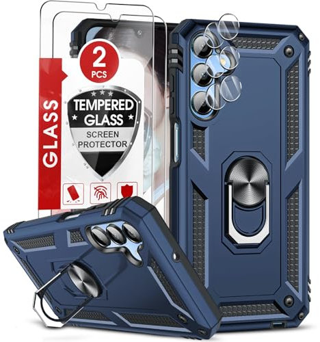 LeYi Handyhülle für Samsung Galaxy A15 4G/5G Rugged Armor Hülle mit 2*Schutzglas & 2*Kamera Schutzfolie,Hybrid Schutzhülle Outdoor Ringhalterung Cover Kratzfest A 15 Case Halter Handy Hüllen Blau