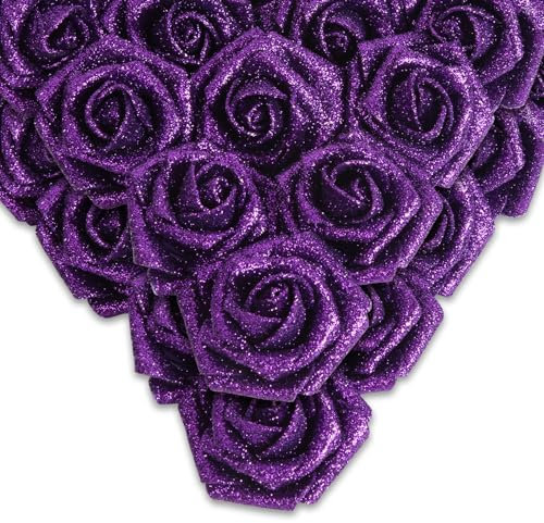 IPOPU Künstliche Glitzer-Rosen, 50 Stück, violette Glitzer-Blumen, funkelnde künstliche Rosen für Kuchen, Hochzeit, Blumenstrauß, Zuhause, Party-Dekoration (lila)