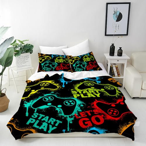ANHOPE Abstrakte Bunte Gamepad Game Bettwäsche Set 3 Teilig Bettbezug 155x220 cm & 2 Kissenbezug 80x80 cm Microfaser Bettbezüge mit Reißverschluss Weich Bettdeckenbezug Set für Kinder Jungen Mädchen