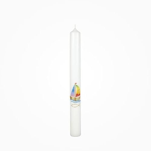 Taufkerze Fisch und Schiff mit Regenbogen/Gold-Wachsauflage in Weiß 400 x Ø 40 mm mit Namensverzierung