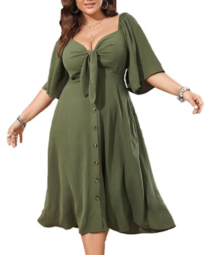 BSLVWG Womens Plus Size Summer Dress 2024 Casual Short Sleeve Spring Summer Deep Vacation V Neck Elegant Bow Tie Loose Fit Swing T-Shirt Dress