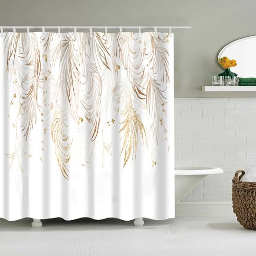 AASIRA Duschvorhang 240x200 Pflanzen Blätter Anti-Schimmel Wasserdichter Extra Langer Duschvorhänge mit 12 Duschvorhangringen Gold Weiß 3D Motiv Bad Vorhäng für Badewanne Badezimmer C382