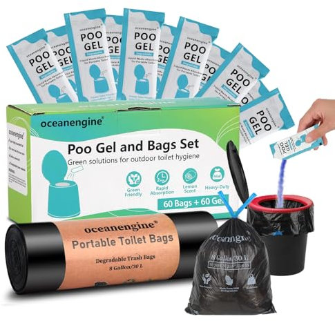 oceanengine Portable Toilet Bags Poo Gel Set, 8 Gallon Camping Toilet Bags with Portable Toilet Absorbent Gel, Compostable Portable Potty Bags for Camping Outdoor Hiking