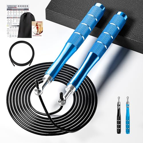 Springseil Speed Rope, 360° Springseil Erwachsene Fitness mit Trainingsposter für Männer & Frauen, Verstellbares 300CM Seilspringen mit Doppellagersystem & Aluminium-Griff für Boxen & MMA