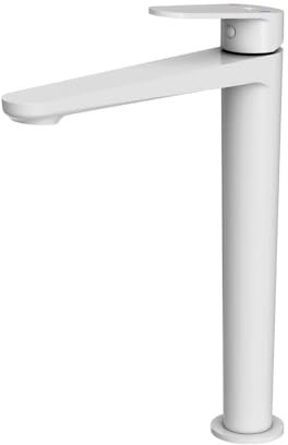 Grifo Monomando de Lavabo Alto GALYON Serie Fine, Cartucho Cerámico 26mm, Acabado Blanco Mate, Conexiones Flexitub Certificadas H3/8x450mm, Atomizador Oculto M24/100