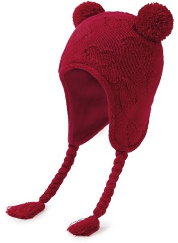 Durio Baby Wintermütze Strickmütze – Unisex Baby Mütze Mädchen Kinder Caps Jungen mit Bommel und Ohrschutzdesign Fleecefutter Beanie Mütze Rot 0-6 Monate
