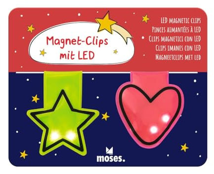 Moses. Magnet-Clips mit LED | Sicherheit auf dem Schulweg | Motive: Stern - Tannenbaum, Stern - Herz | Sicherheits-Reflektor für den Schulranzen, Sporttasche etc. | reflektierender Anhänger mit LED