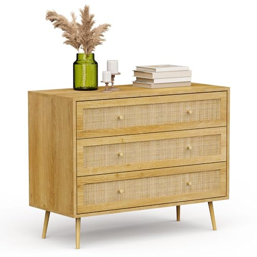 VonHaus Scandi Style 3 Drawer Chest of Drawers with Natural Rattan | Metal Handle & Tapered Legs, Boho Look Storage Cabinet, Drawer Organiser, For Bedroom & Living Room