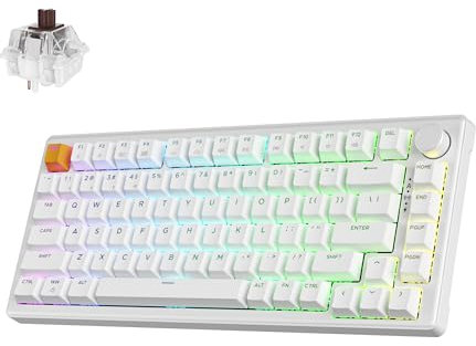 JamesDonkey J2 75% Wireless Mechanical Gaming Keyboard, Gasket 82 Keys BT5.1/USB-C/2.4GHz RGB Backlit with Custom Knob Super Brown Switch, PTB Keycap, QMK/VIA for Win/Linux/Mac - White