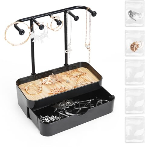 Schmuckständer Klein mit 5 Schmucksäckchen, Doppelschicht Schmuckhalter mit Bodenschale, Ohrringhalter Schmuckaufbewahrung für Halsketten, Armbänder, Armreifen, Ringe, Uhren, Parfüm (Schwarz)