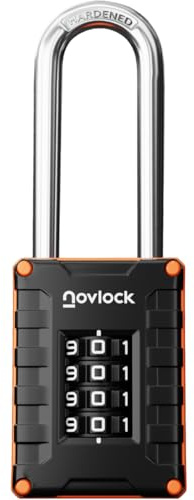 NOVLOCK Lucchetto con combinazione arco extra lungo da 7 cm – alta sicurezza, codice a 4 cifre per armadietti, armadi, depositi, cancelli, capanni e recinzioni – 1 pezzo, nero/arancione