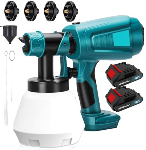 Akku Farbsprühsystem, (2X 3000mAh Akku und Ladegerät), Kompatibel mit Makita BL1840 BL1850b, Elektro Lackierpistole mit 4 Düsen, 3 Spritzmuster, mit Abnehmbarem 1000ml-Farbeimer, zum Streichen