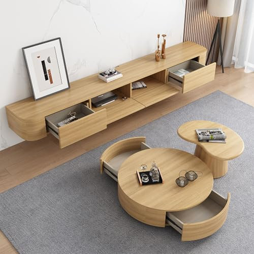 XDXINY Schwebender TV-Schrank mit Schubladen, TV-Konsole mit integriertem Kabelmanagement, Multimedia-TV-Konsole, Massivholz-TV-Schrank mit Stauraum (montagefrei) (Naturholzfarbe, 160CM/63.0IN)