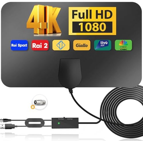 Antenna TV Interna Digitale Terrestre - Antenna da Interno per Smart TVs e Vecchie TVs (con Decoder Digitale DVB-T/T2), con Amplificata Potente, Cavo Coassiale da 5 m e Connettore maschio di Tipo F